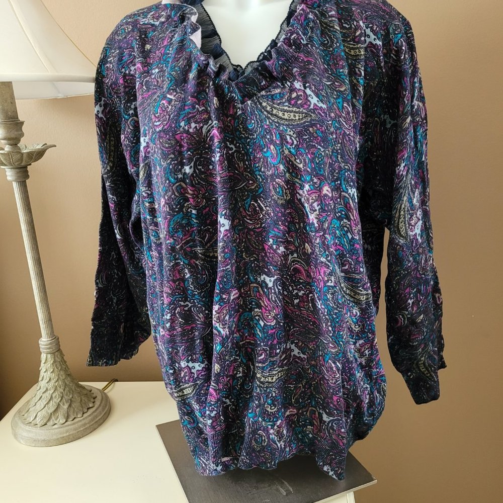 Liz Claiborne Black Paisley Blouse with Teal & Purple Accents